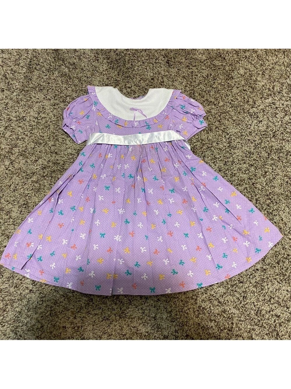 Vintage Toddler Girl Cotton Dress 80s 90s Purple Polka Dot Bows Ribbon Tie - Picture 2 of 11